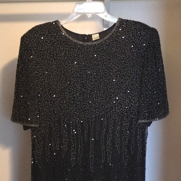 100% Silk Full length black beaded, sequined dress - Picture 2 of 8